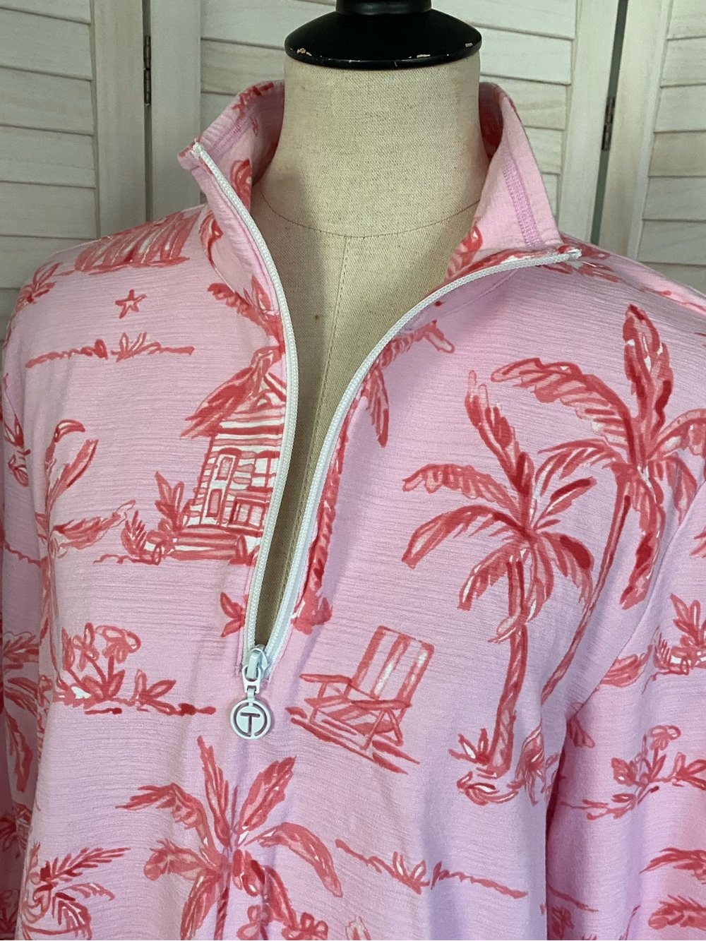 T by Talbots Pink Tropical Palm Print Quarter Zip Long Sleeve Top SZ XL uPF 50+ - Picture 12 of 15